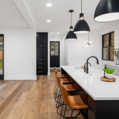 Beautiful kitchen in new home. Luxury farmhouse style home with open floor plan.